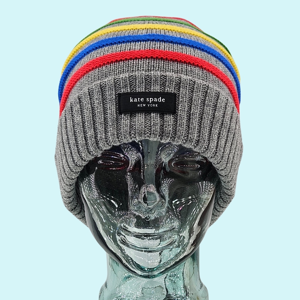 Kate Spade Beanie Hat Grey Multi Wool Blend Modern Garter Stripe Knit Colorful